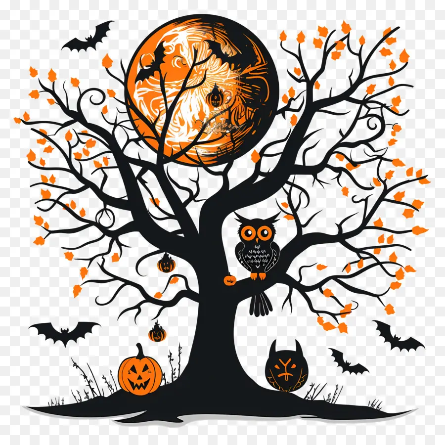 Chouette D'halloween，Arbre D'halloween PNG