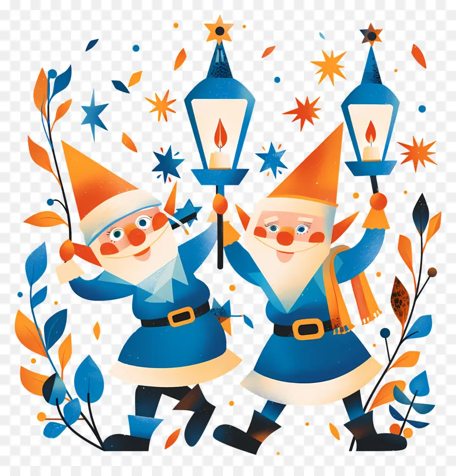 Lutins De Noël Scandinaves，Deux Gnomes Avec Des Lanternes PNG