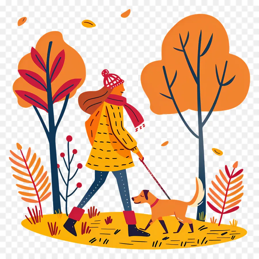 Femme Qui Promène Son Chien，Femme Promenant Son Chien En Automne PNG