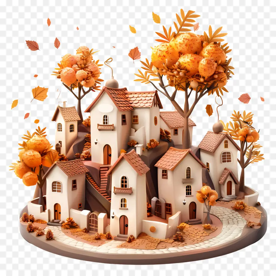 Village D'automne，Maisons Miniatures PNG