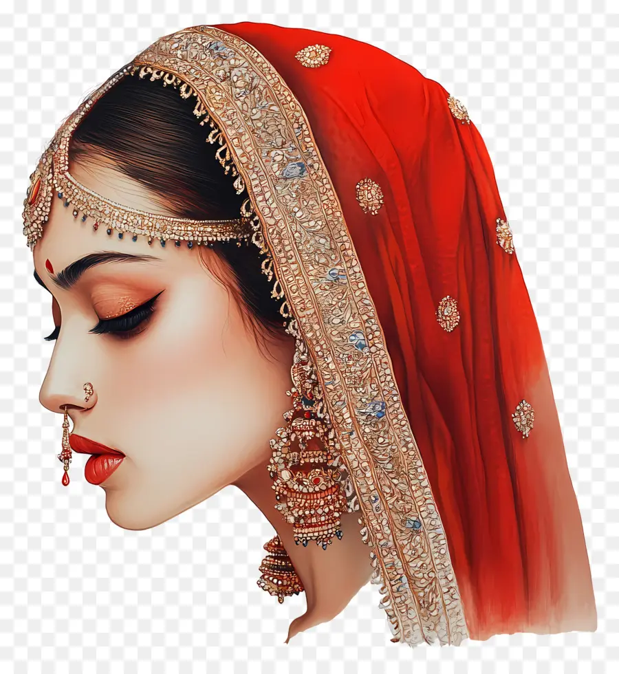 Rajputi，Femme Traditionnelle En Voile Rouge PNG