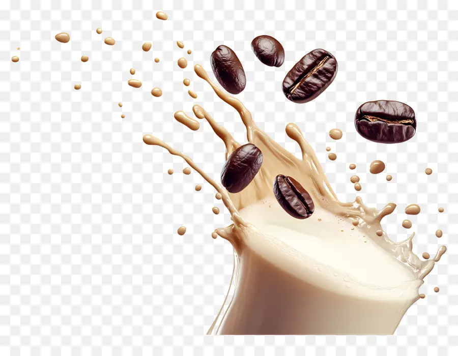 Café Splash，Grains De Café Et éclaboussures De Lait PNG