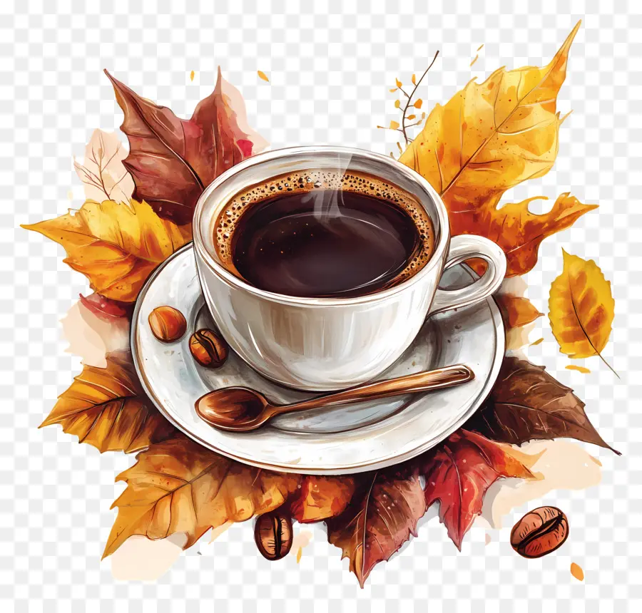 Café D'automne，Tasse à Café Avec Feuilles D'automne PNG