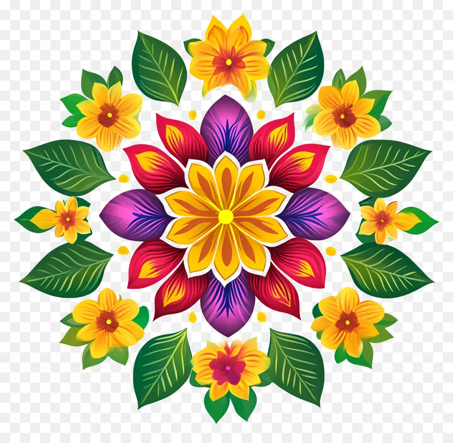 Rangoli Floral Onam，Fleurs Colorées PNG