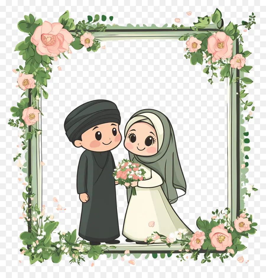 Cadre De Mariage Islamique，Couple De Dessin Animé En Tenue Traditionnelle PNG