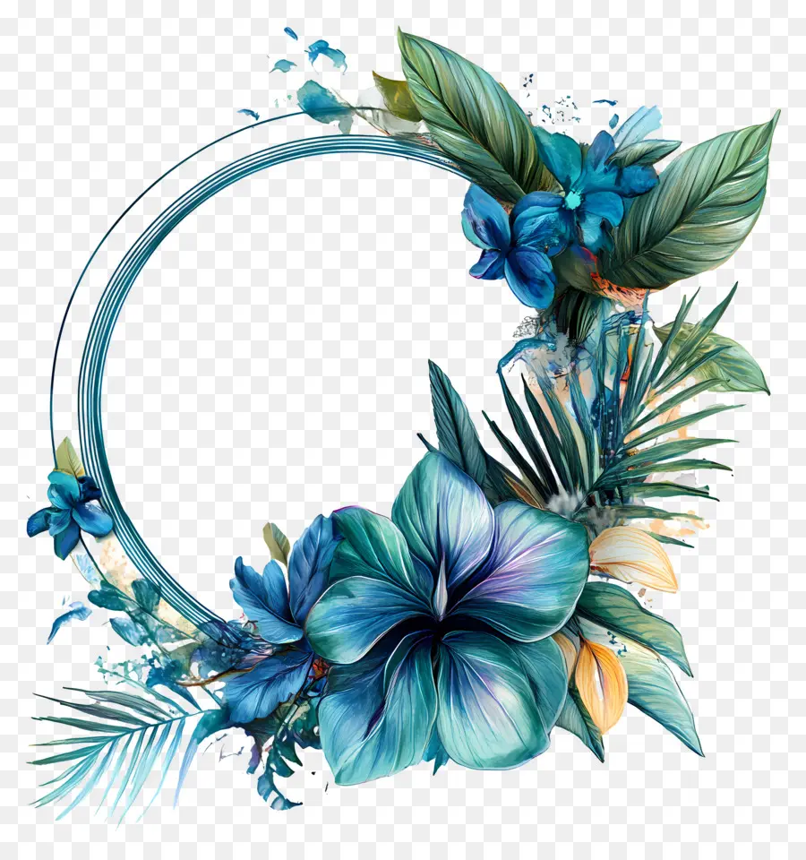 Cadre Cercle Bleu，Couronne Florale PNG