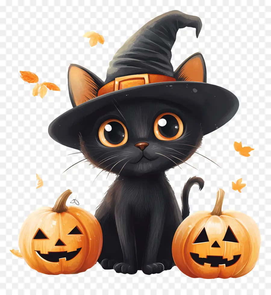 Chat Noir D'halloween，Chat Noir Avec Des Citrouilles PNG