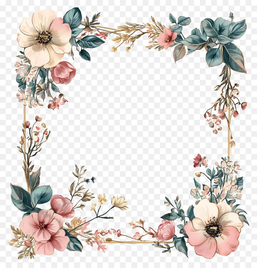 Cadre Doré Décoratif，Couronne De Fleurs PNG