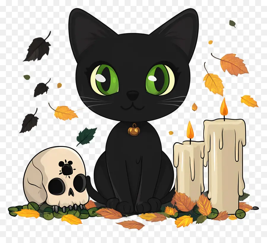 Chat Noir D'halloween，Chat Noir Avec Des Bougies PNG