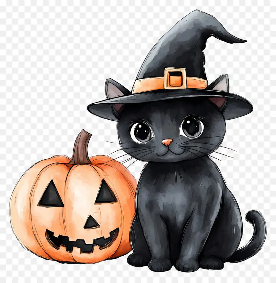 Chat Noir D'halloween，Chat Noir Avec Des Citrouilles PNG