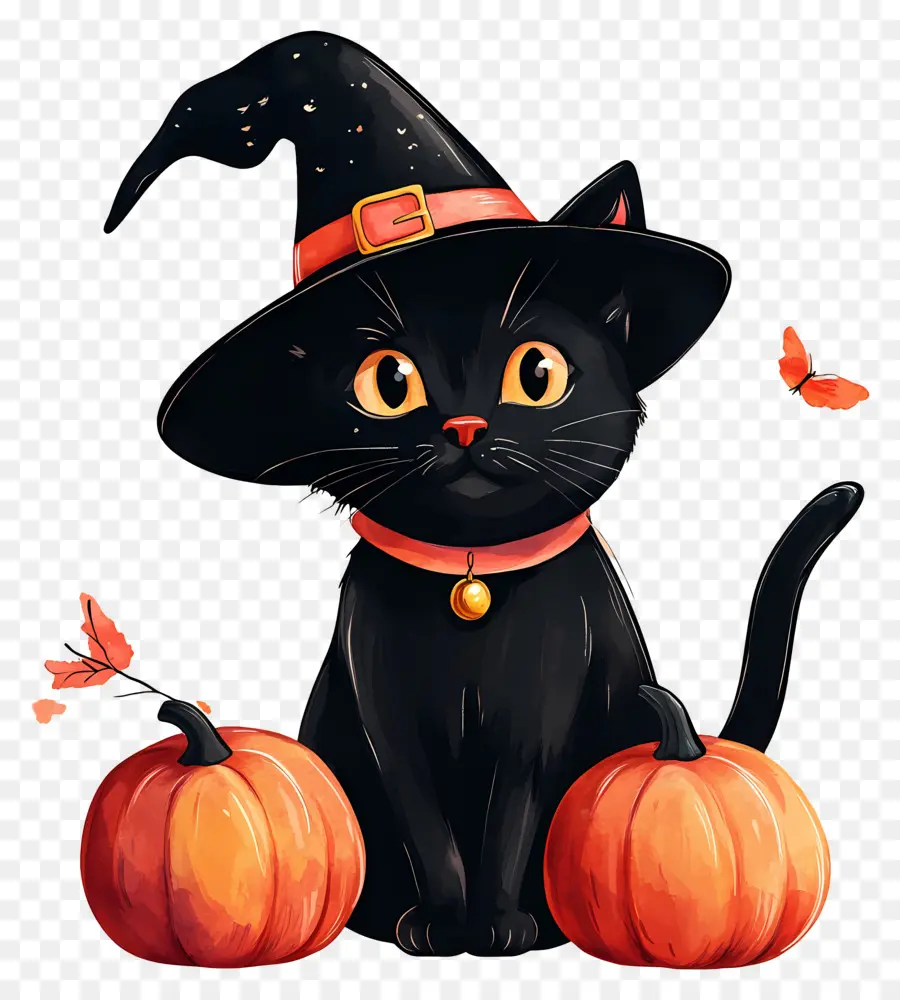 Chat Noir D'halloween，Chat Noir Avec Des Citrouilles PNG