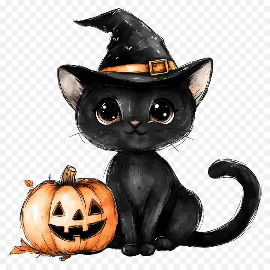 Chat Noir D'halloween，Chat Noir Avec Des Citrouilles PNG