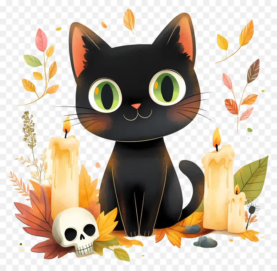 Chat Noir D'halloween，Chat Noir Avec Des Bougies PNG