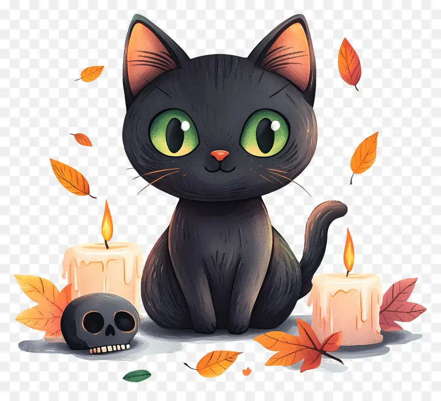 Chat Noir D'halloween，Chat Noir Avec Des Bougies PNG