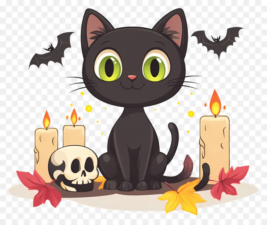 Chat Noir D'halloween，Chat Noir Avec Des Bougies PNG