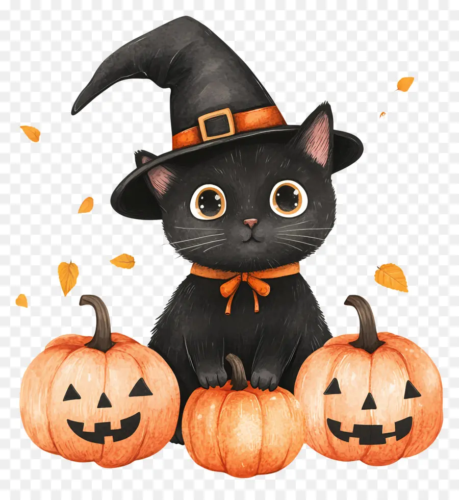 Chat Noir D'halloween，Chat Noir Avec Des Citrouilles PNG