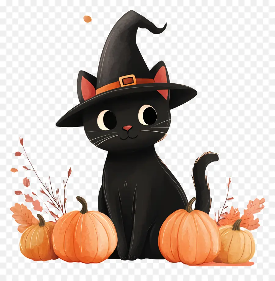 Chat Noir D'halloween，Chat Noir Avec Des Citrouilles PNG