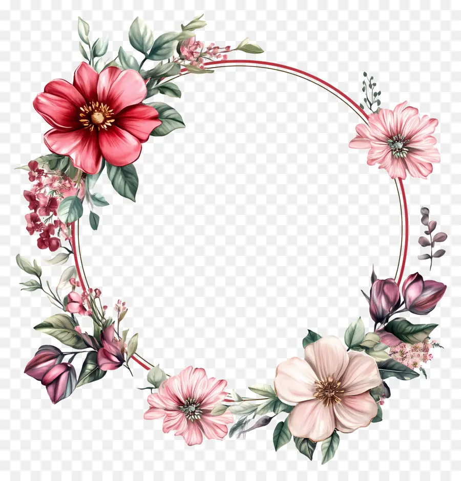 Cadre De Cercle De Mariage，Fleurs Rouges Et Roses PNG