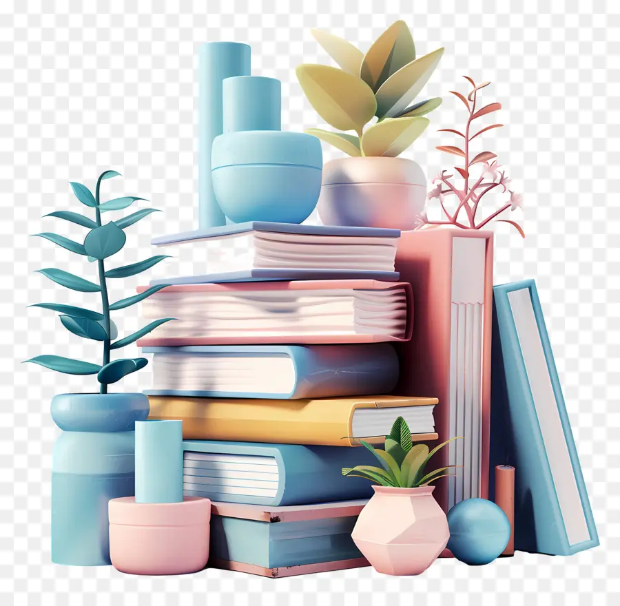 Pile De Livres Modèle 3d，Livres Et Plantes PNG