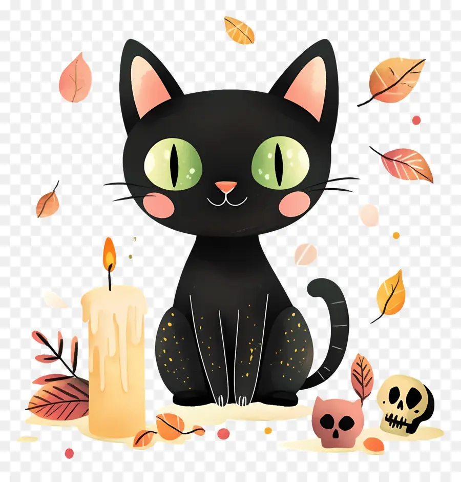 Chat Noir D'halloween，Chat Noir Avec Des Bougies PNG