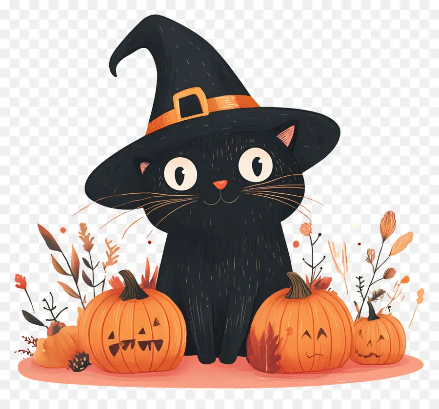 Chat Noir D'halloween，Chat Noir Avec Des Citrouilles PNG