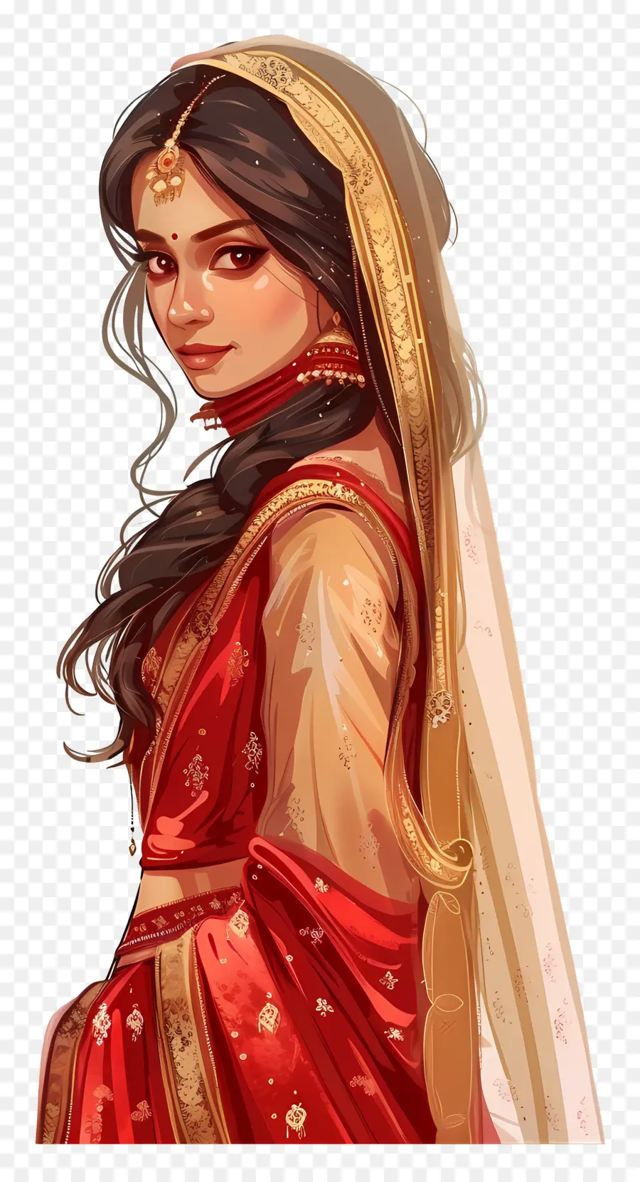 Sari Indien，Femme En Robe Rouge PNG