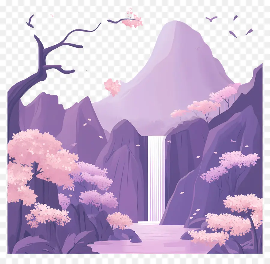 Arbres Violets，Paysage De Montagne PNG