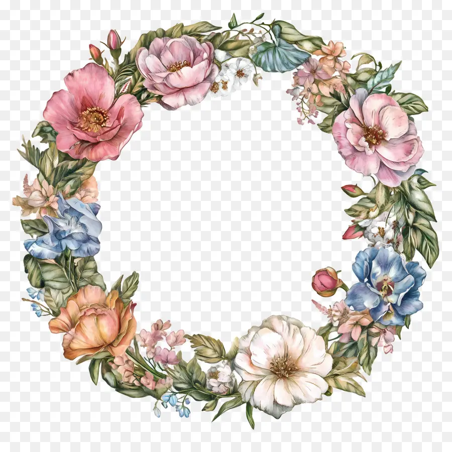 Cadre De Mariage Rond，Fleurs Roses Et Bleues PNG