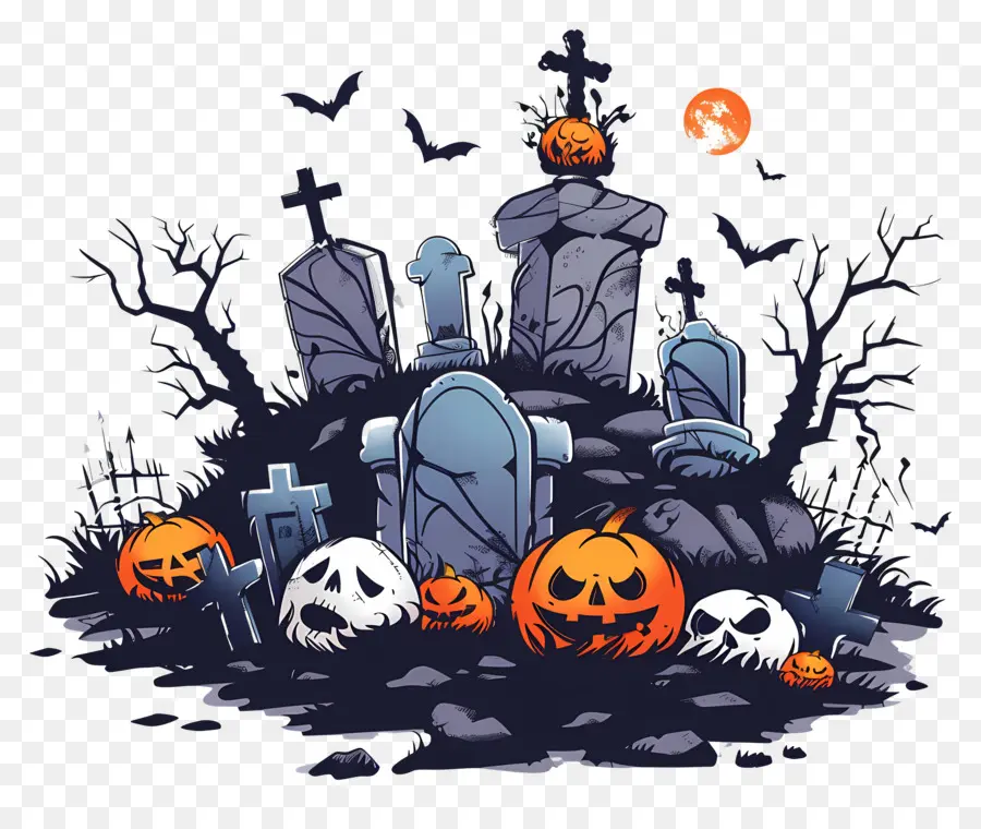 Cimetière D'halloween，Cimetière Avec Des Citrouilles PNG