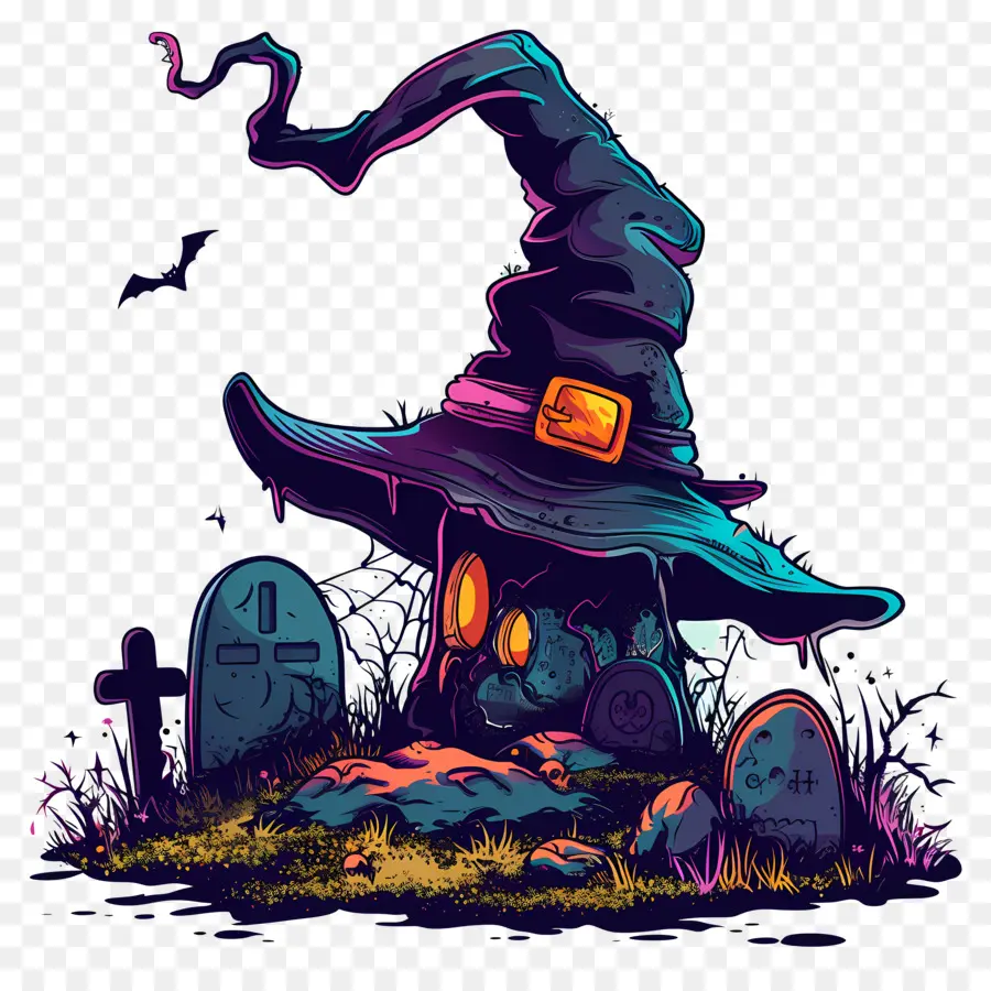 Chapeau De Sorcière D'halloween，Chapeau De Sorcière Et Pierres Tombales PNG