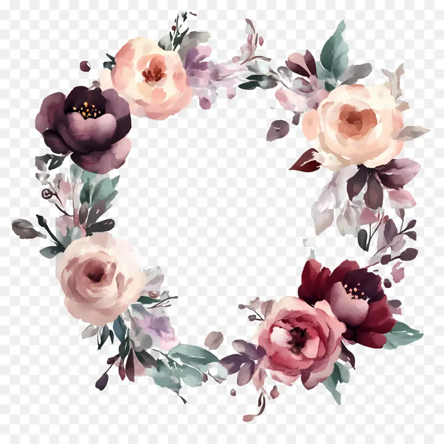 Cadre De Mariage Rond，Fleurs Roses Et Bleues PNG