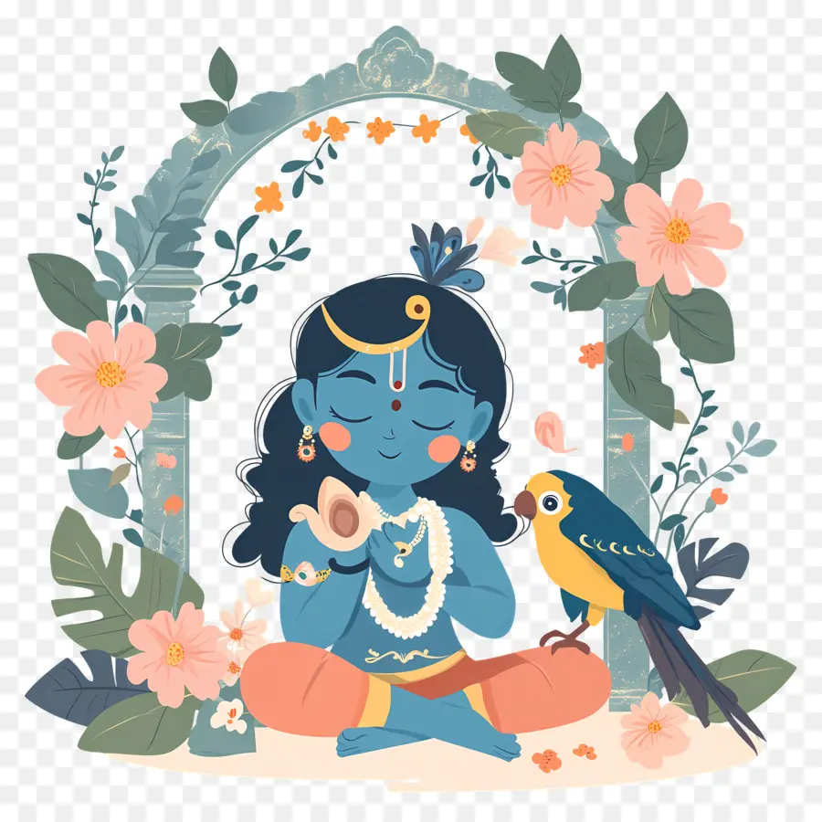 Krishna Janmashtami，Divinité Bleue Avec Perroquet PNG