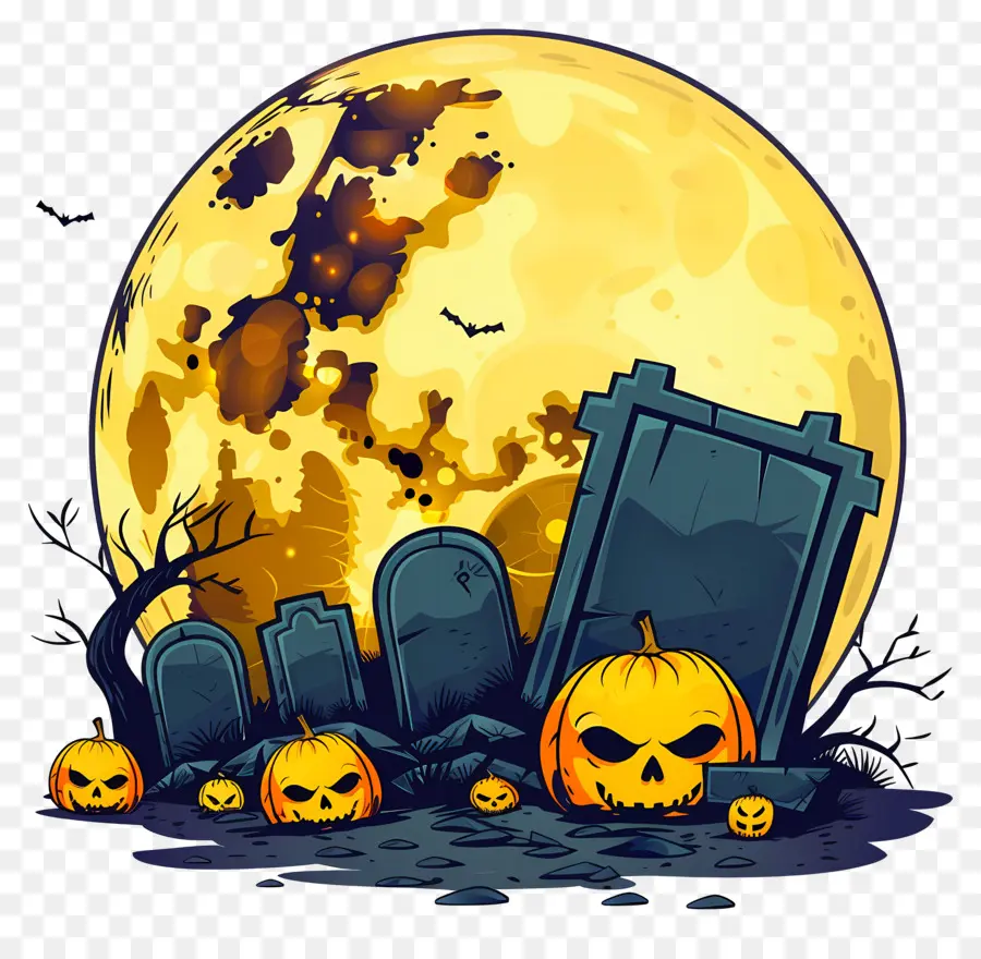 Pleine Lune D'halloween，Cimetière Avec Des Citrouilles PNG