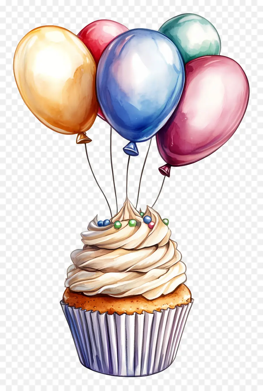 Gâteau D'anniversaire，Cupcake Avec Des Ballons PNG