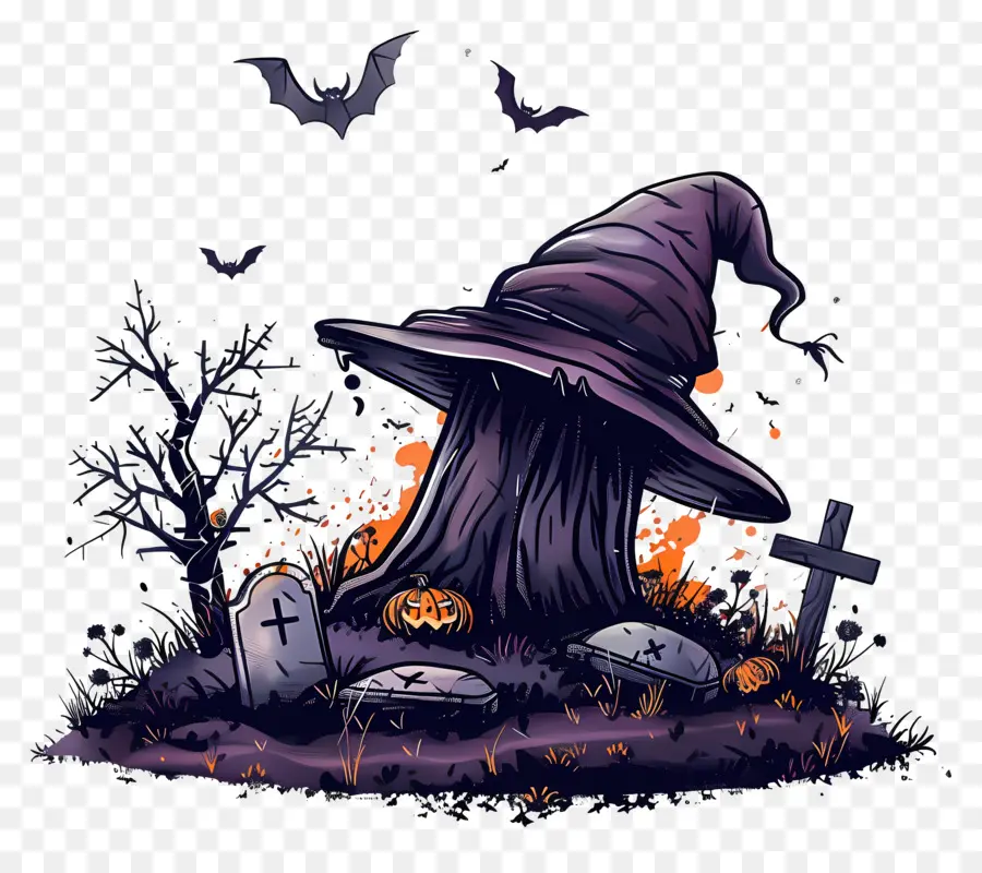 Chapeau De Sorcière D'halloween，Chapeau De Sorcière Et Pierres Tombales PNG