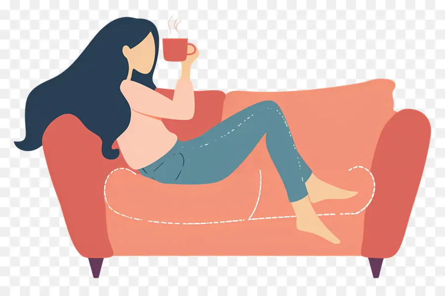 Boire Du Café，Femme Relaxante Sur Un Canapé PNG