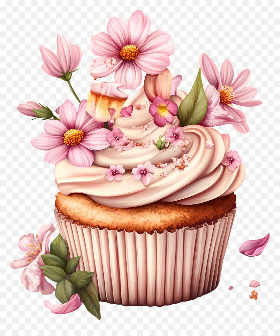 Gâteau D'anniversaire，Cupcake Avec Des Fleurs PNG