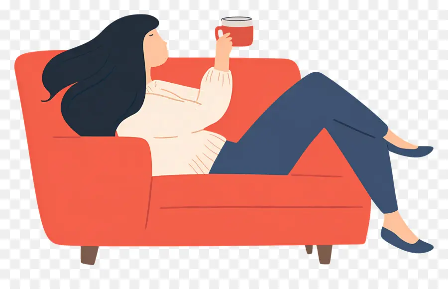 Boire Du Café，Femme Relaxante Sur Un Canapé PNG