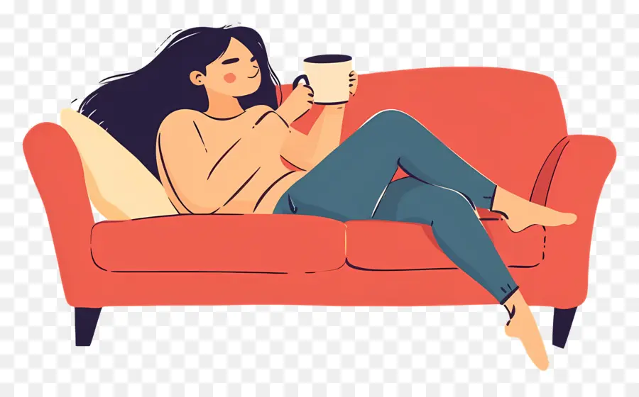 Boire Du Café，Femme Relaxante Sur Un Canapé PNG