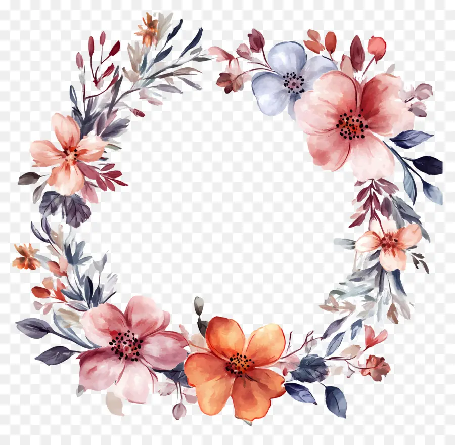 Cadre De Mariage Rond，Fleurs Rouges Et Oranges PNG