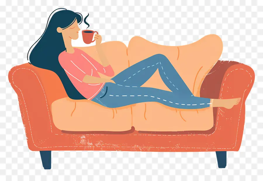 Boire Du Café，Femme Relaxante Sur Un Canapé PNG