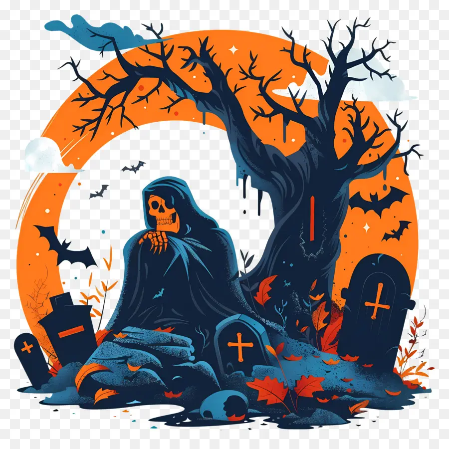 Faucheuse D'halloween，Squelette Dans Le Cimetière PNG