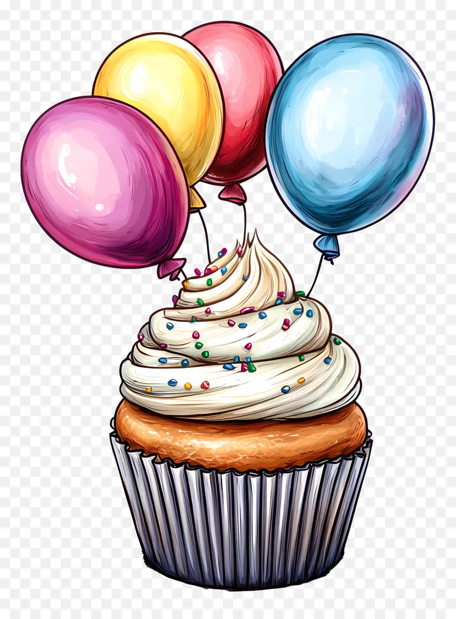 Gâteau D'anniversaire，Cupcake Avec Des Ballons PNG