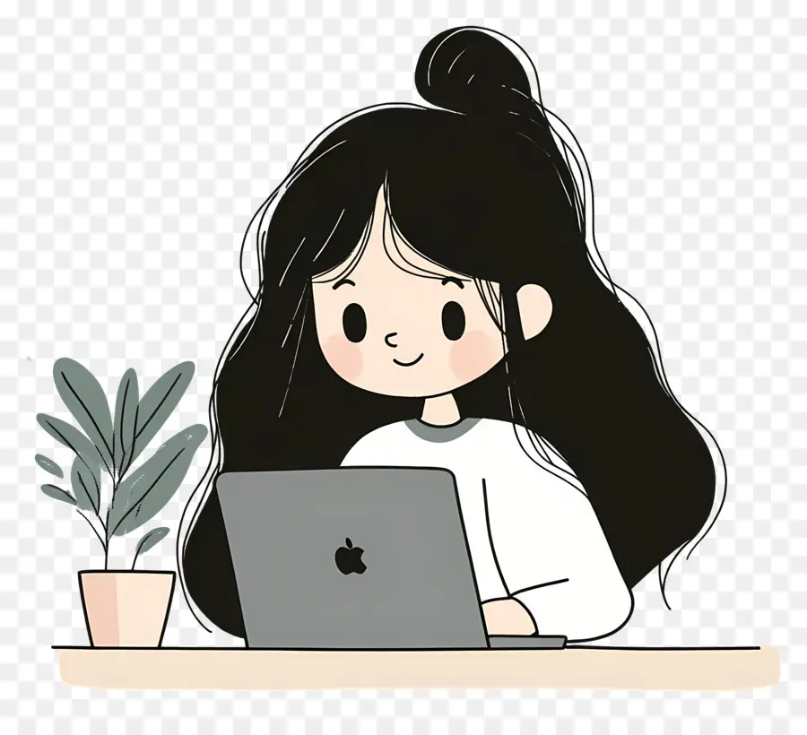 Fille Qui Travaille，Fille Avec Ordinateur Portable PNG