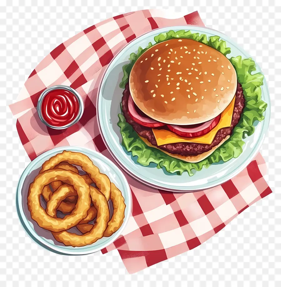 Burger Américain，Burger Et Rondelles D'oignon PNG