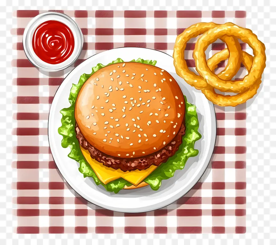 Burger Américain，Burger Et Rondelles D'oignon PNG