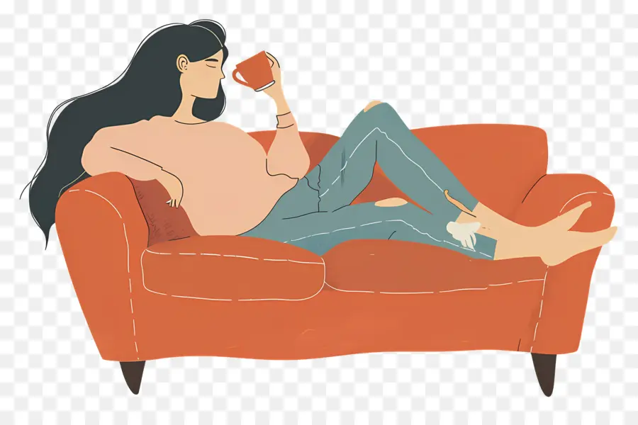 Boire Du Café，Femme Relaxante Sur Un Canapé PNG