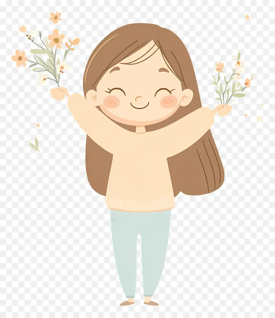 Fille Heureuse，Fille Avec Des Fleurs PNG