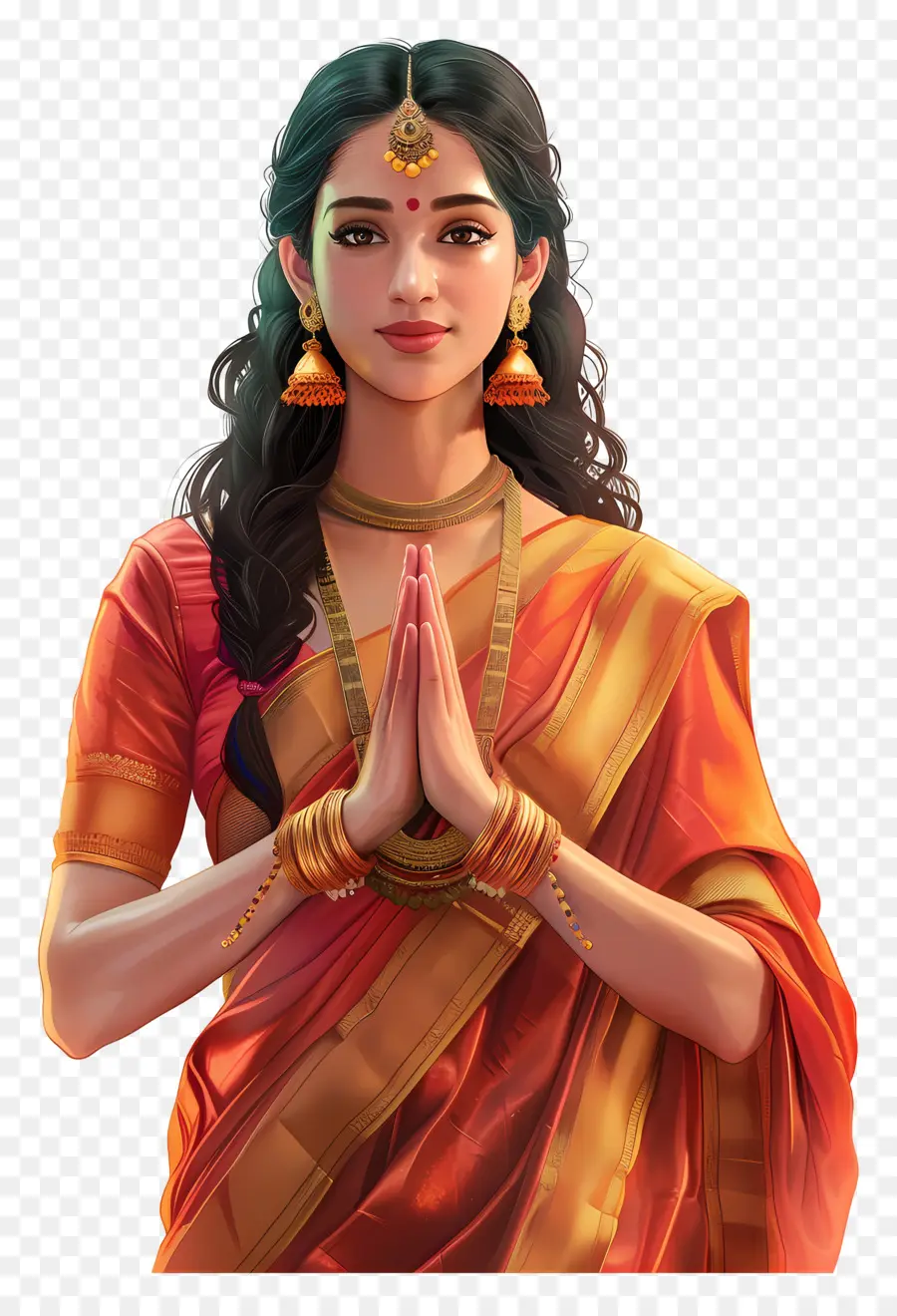 Femme Indienne，Femme Traditionnelle En Sari Orange PNG