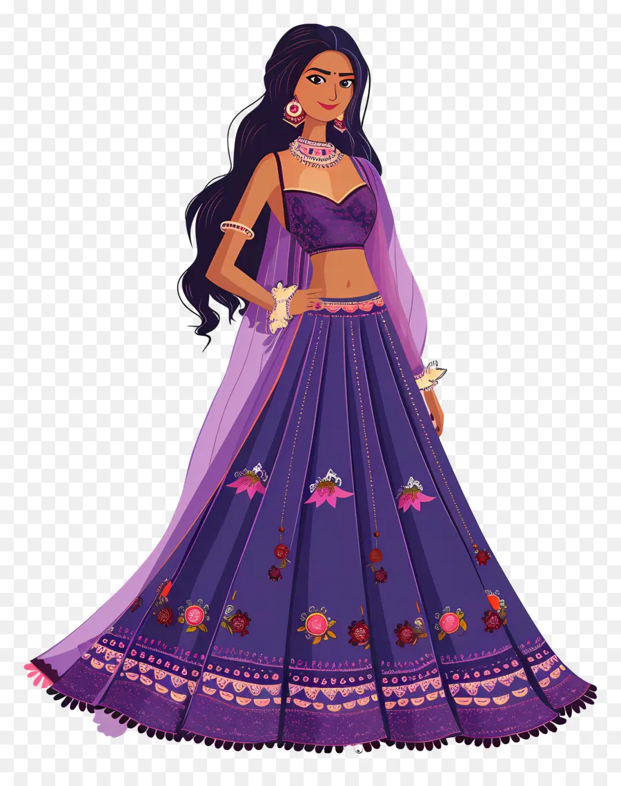 Dessin Animé Femme Indienne，Robe Traditionnelle Violette PNG